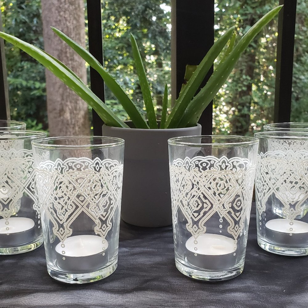 ZODAX Mazagran Glass Votive Tealight Candle Holders White Etched Set/6 Brand New - Picture 4 of 7